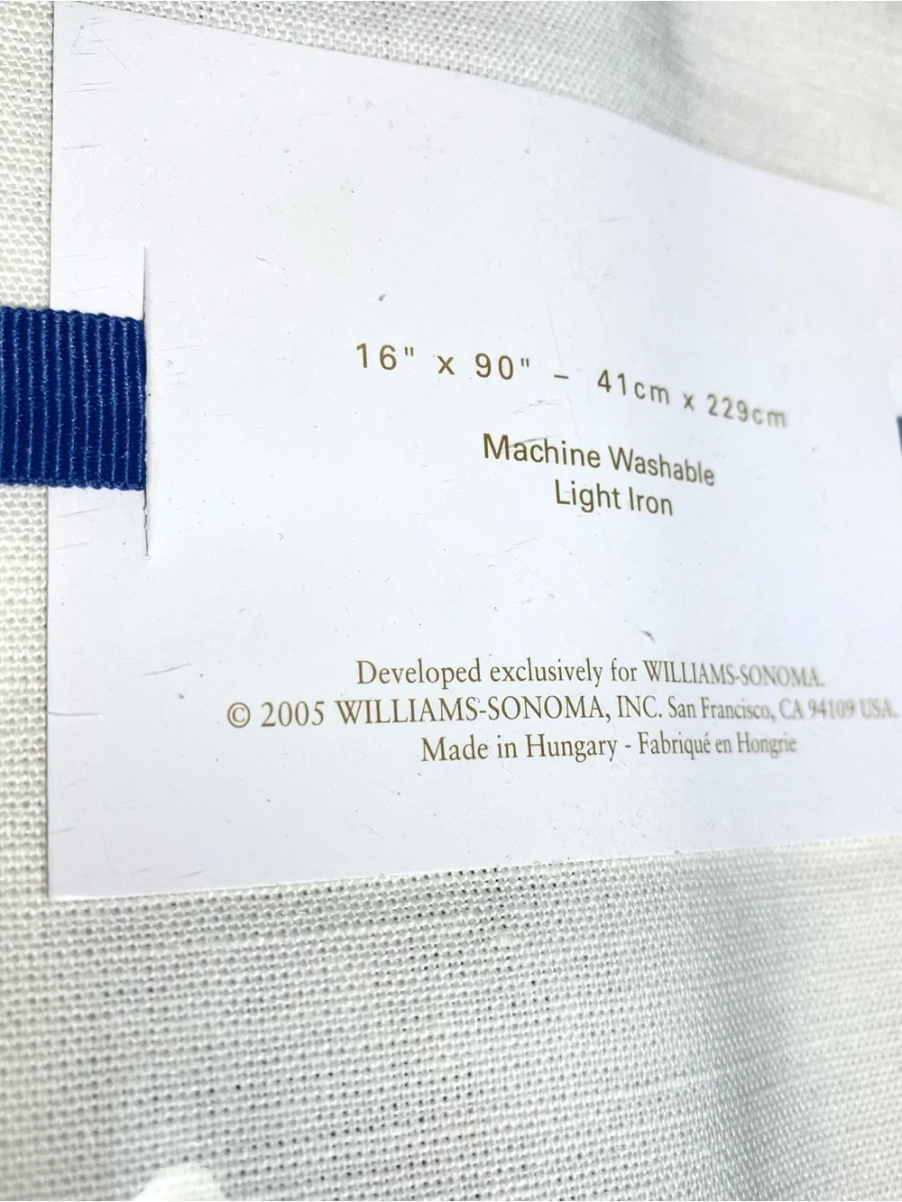 Williams Sonoma Classic Border Table Runner 16 x 90 In. Linen Cotton White Navy